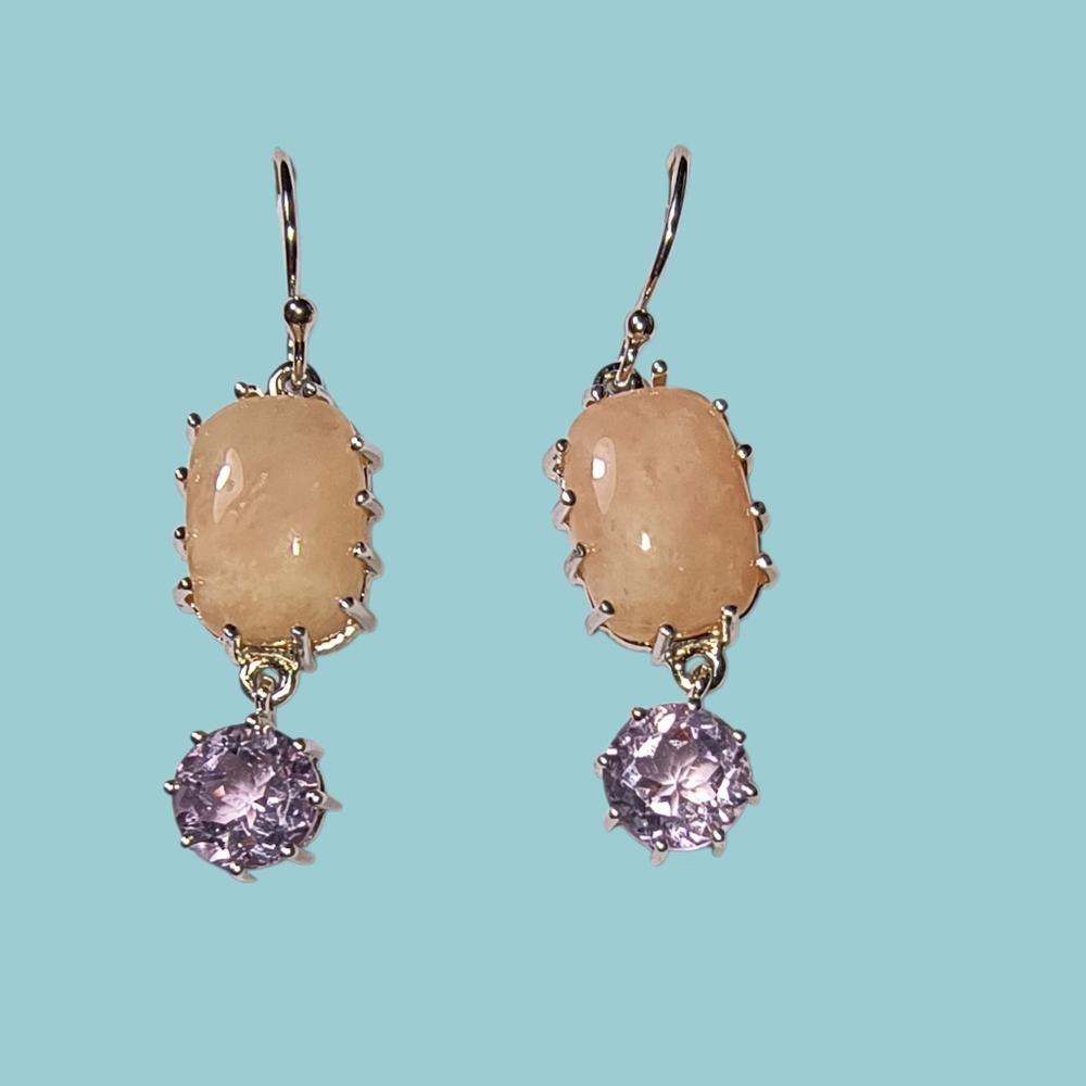 Pink Opal, Amethyst And Sterling Silver Dangle Earrings